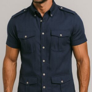 Chemise bleu marine avec des cols boutonnés
